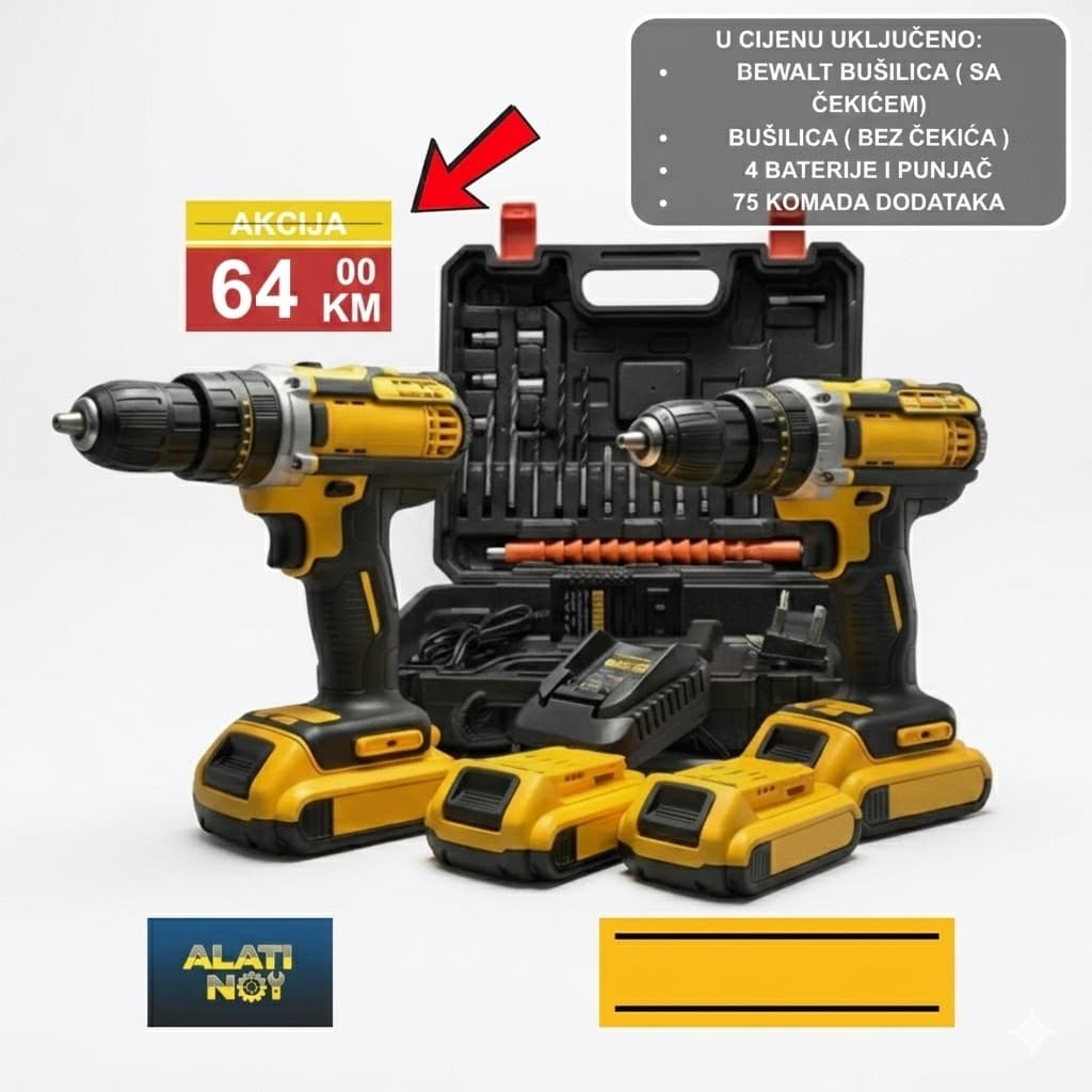 Udarna čekić bušilica – SET 2 KOMADA + 75 dodataka + 4 baterije!