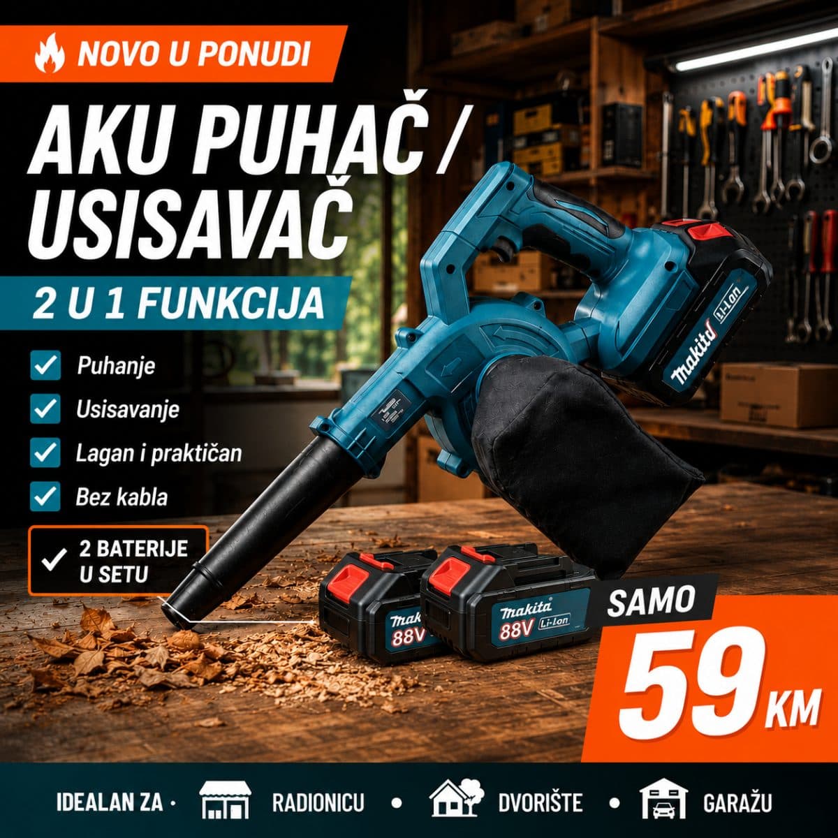 AKU PUHAČ / USISAVAČ 2U1 SA 2 BATERIJE